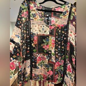 Johnny Was Sz Lg Floral Patchwork Sheer Kimono
